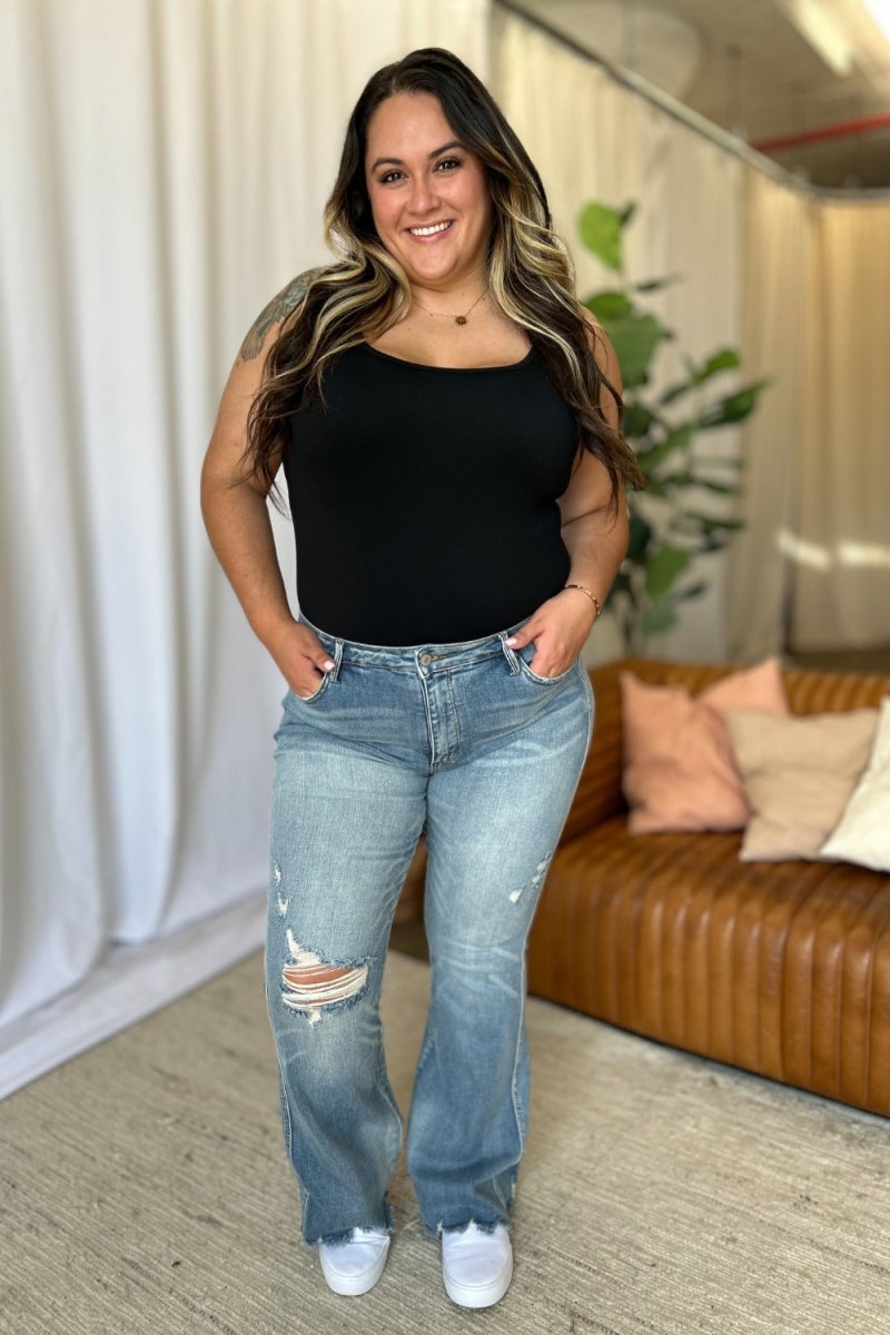 Judy Blue Full Size Medium Rise Tummy Control Destroy Flare Jeans - Love Salve